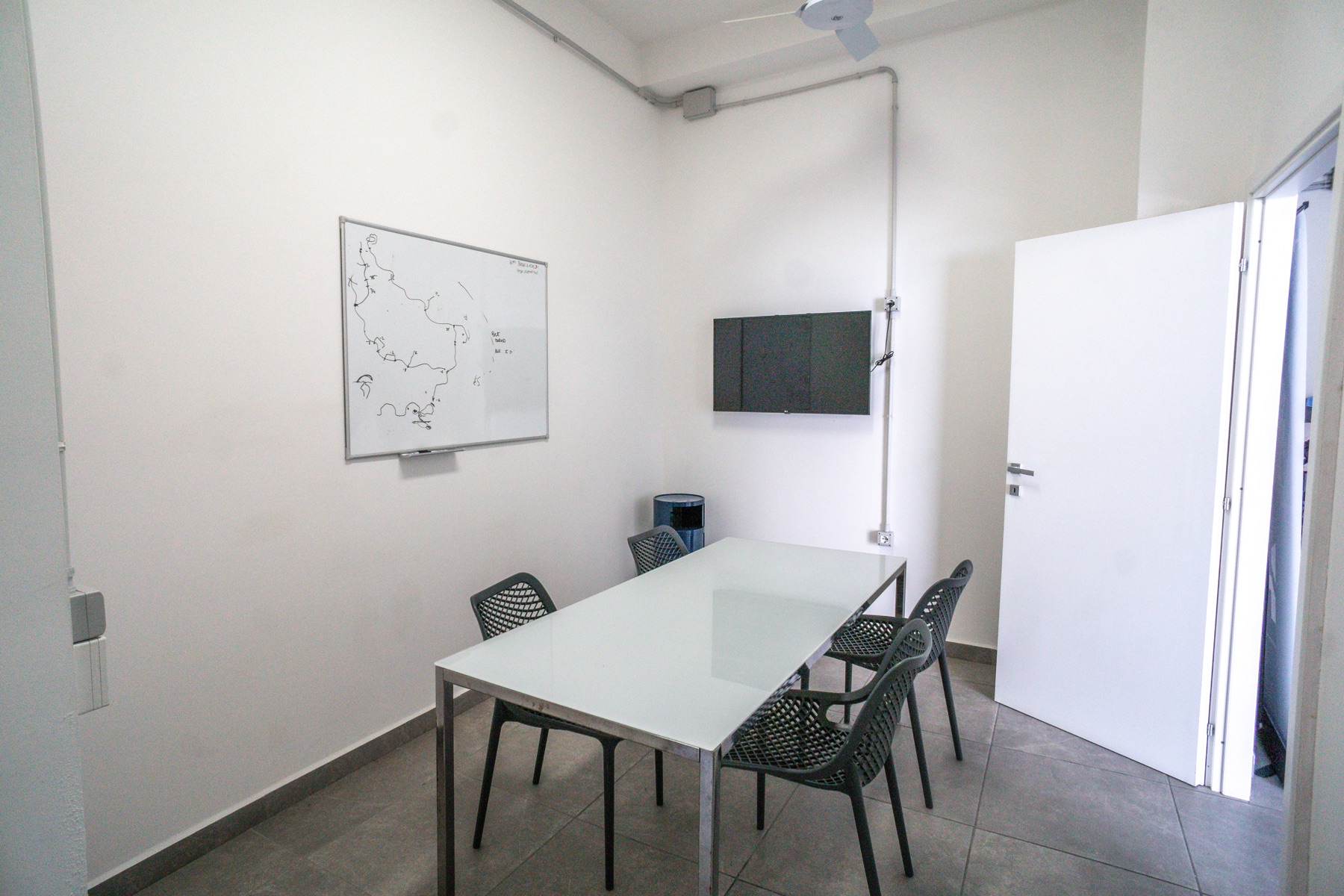 Small meeting room with map and screen